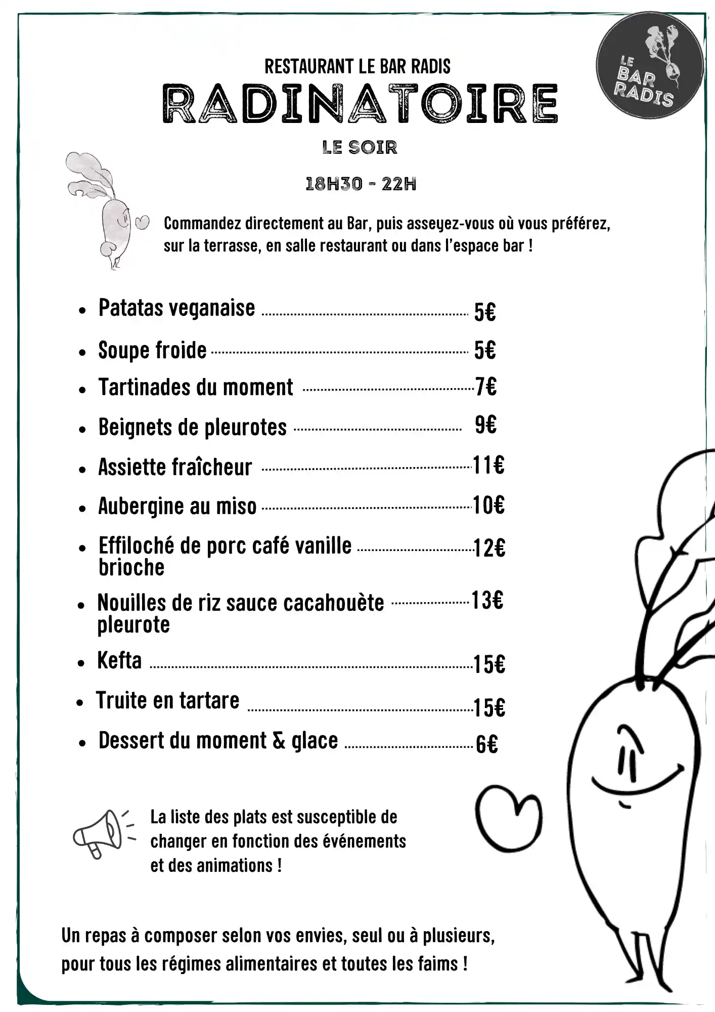 Menu soir bar du Bar Radis