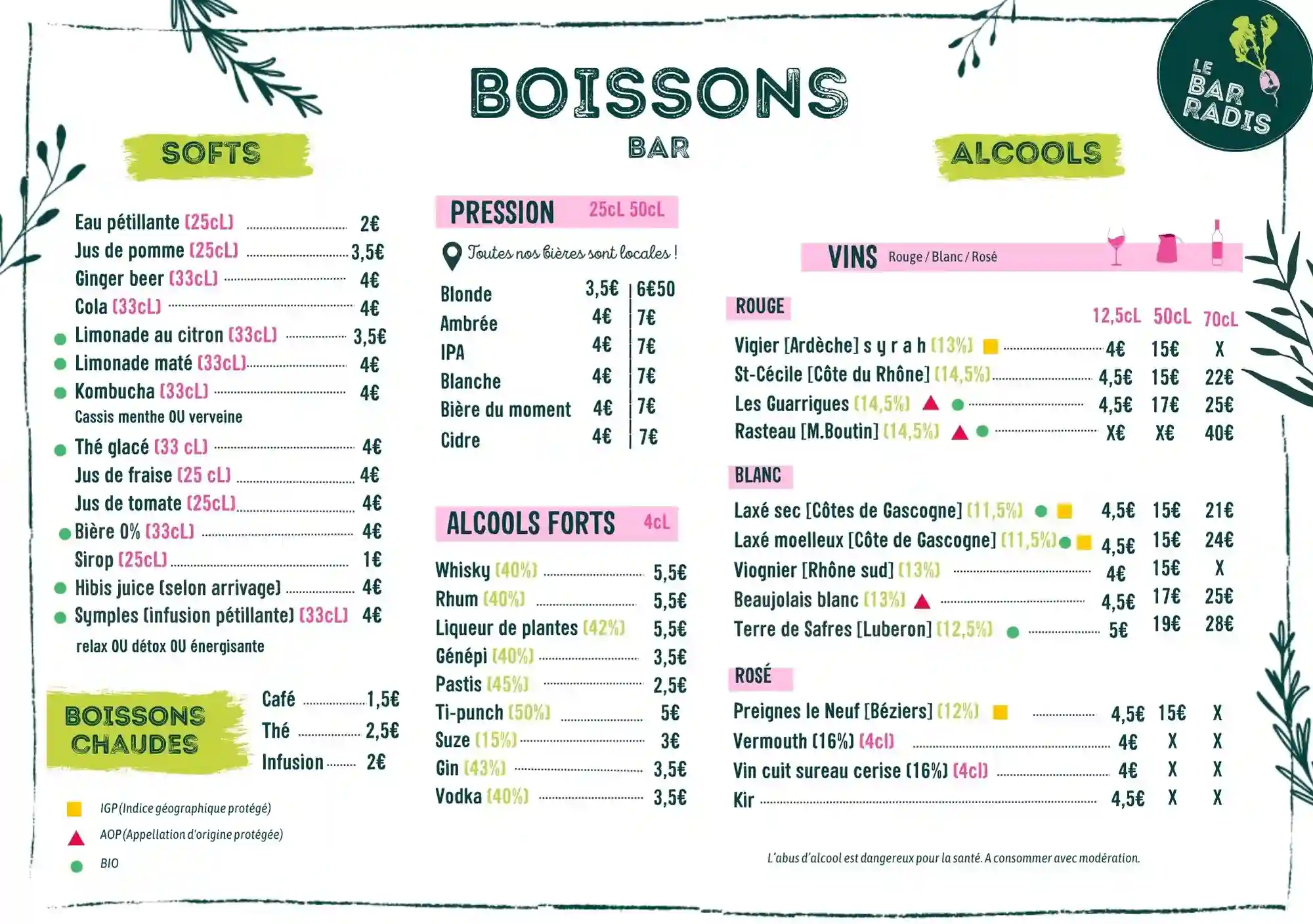 Carte boissons Bar Radis 