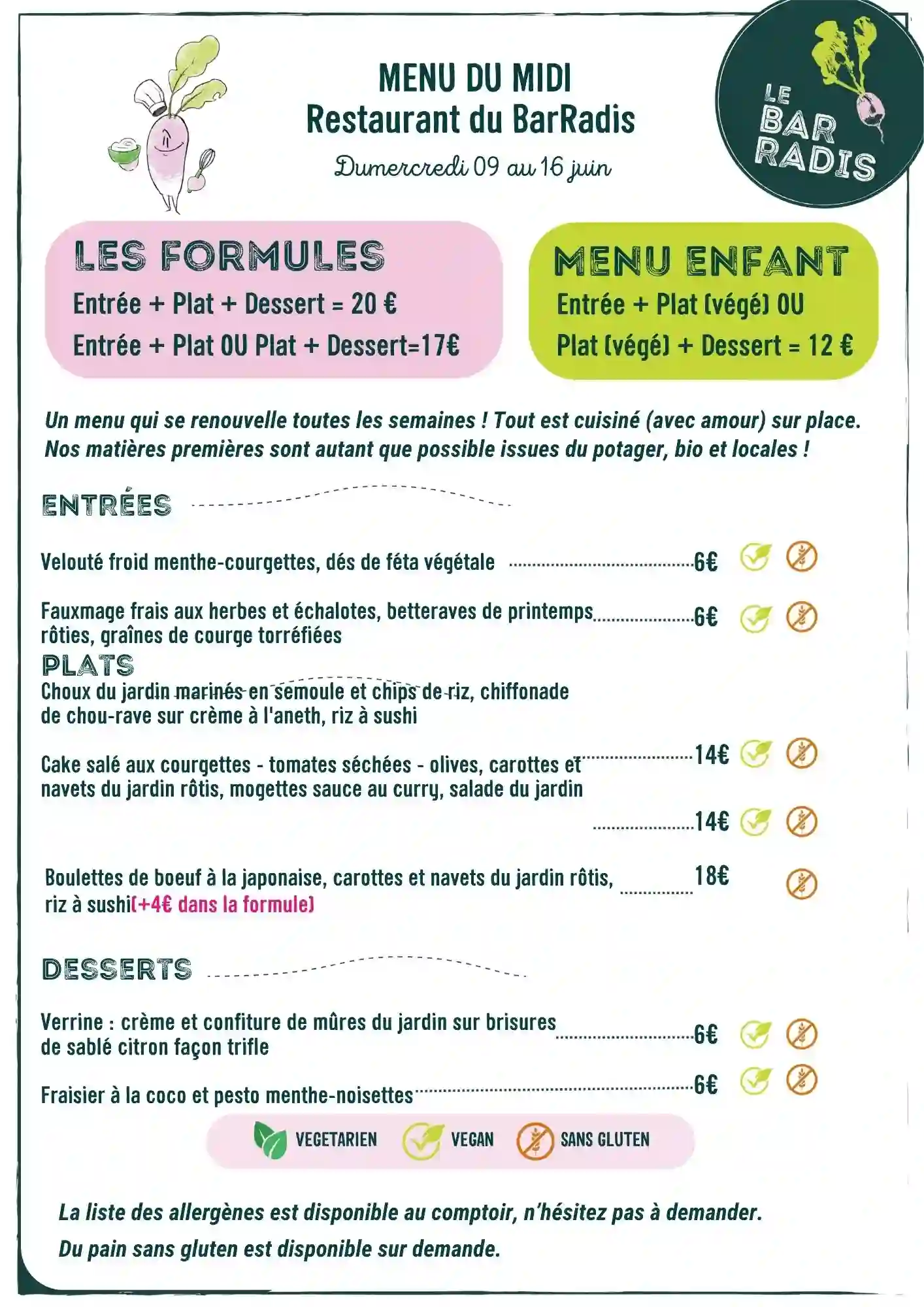 Menu du Bar Radis menu du Bar Radis